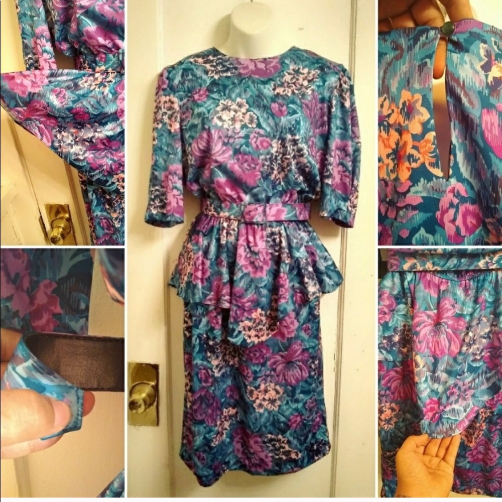Vintage 80s Blue Peplum Dress Flower Print Sz 12